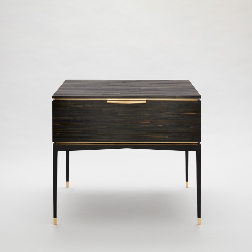 Bedside Table, Ebony Straw Marquetry & Brass