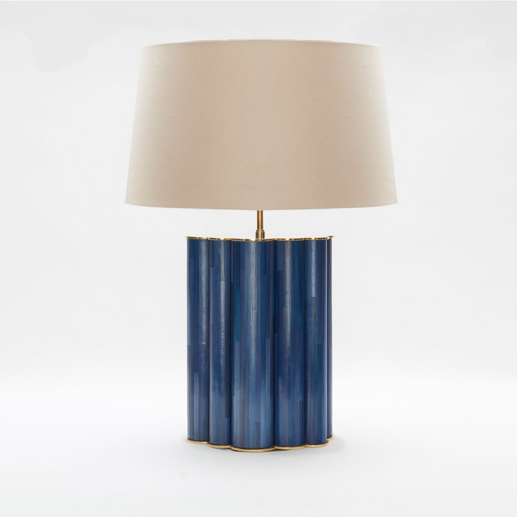 Cloud Table Lamp, Blue Straw Marquetry, Brass