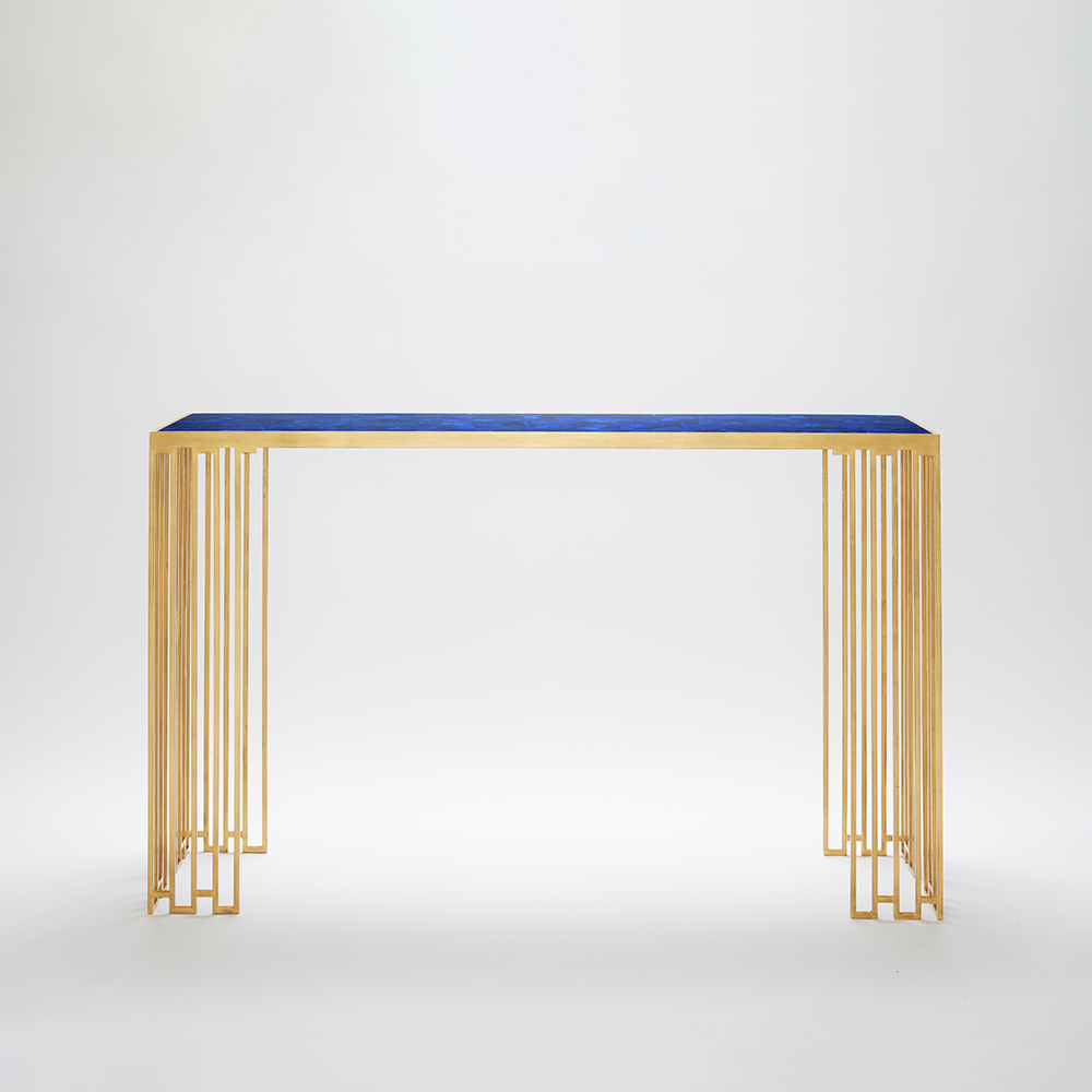 Console Table, Lapis Lazuli, Gold Leafed Metal Base