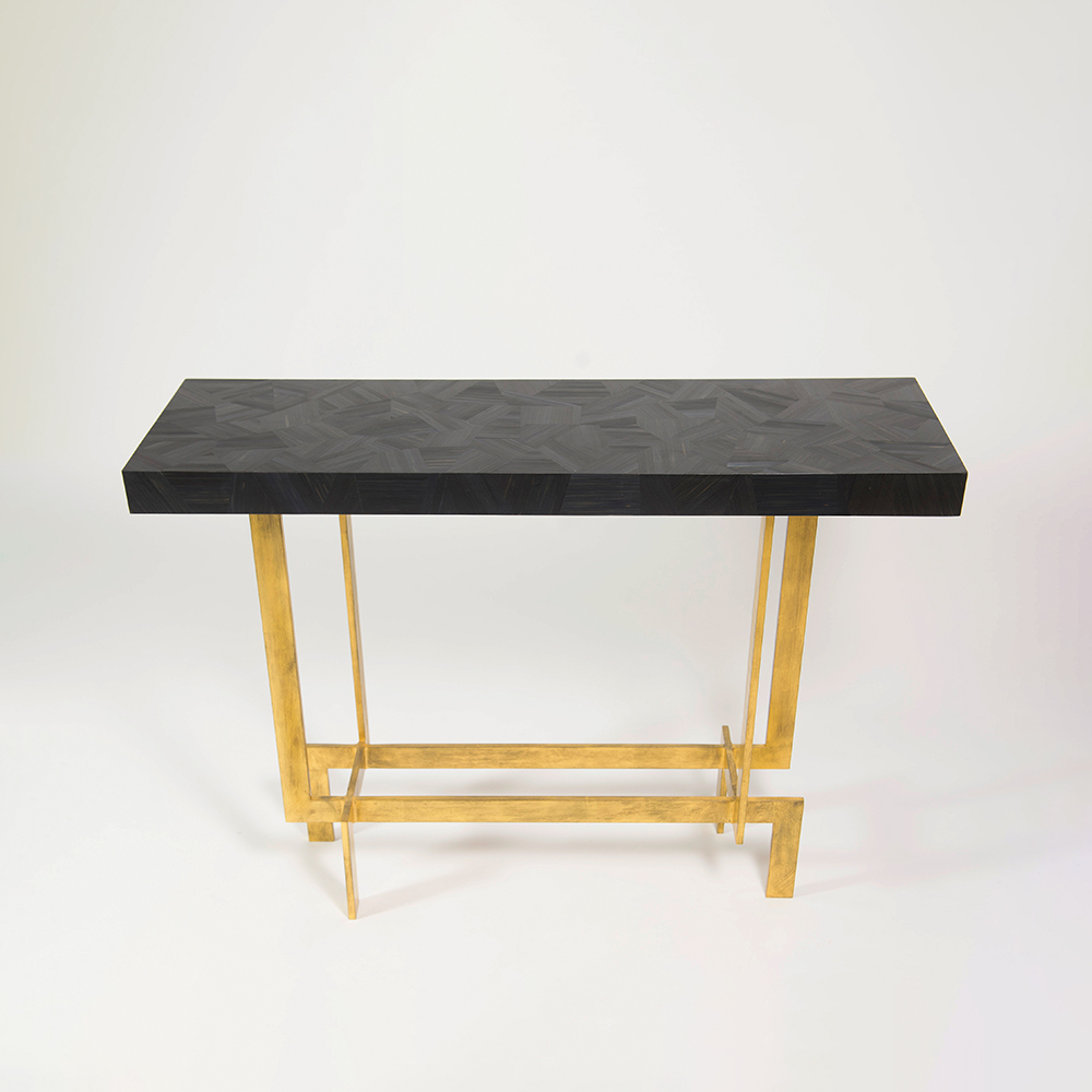 Kante Console Table, Straw Marquetry, Gold Leafed Metal Base