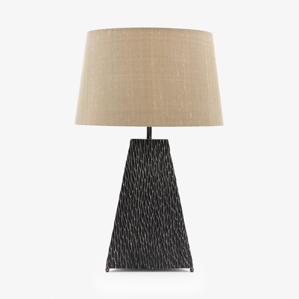 Pyramid Table Lamp, Black Carved Oak, Bronze