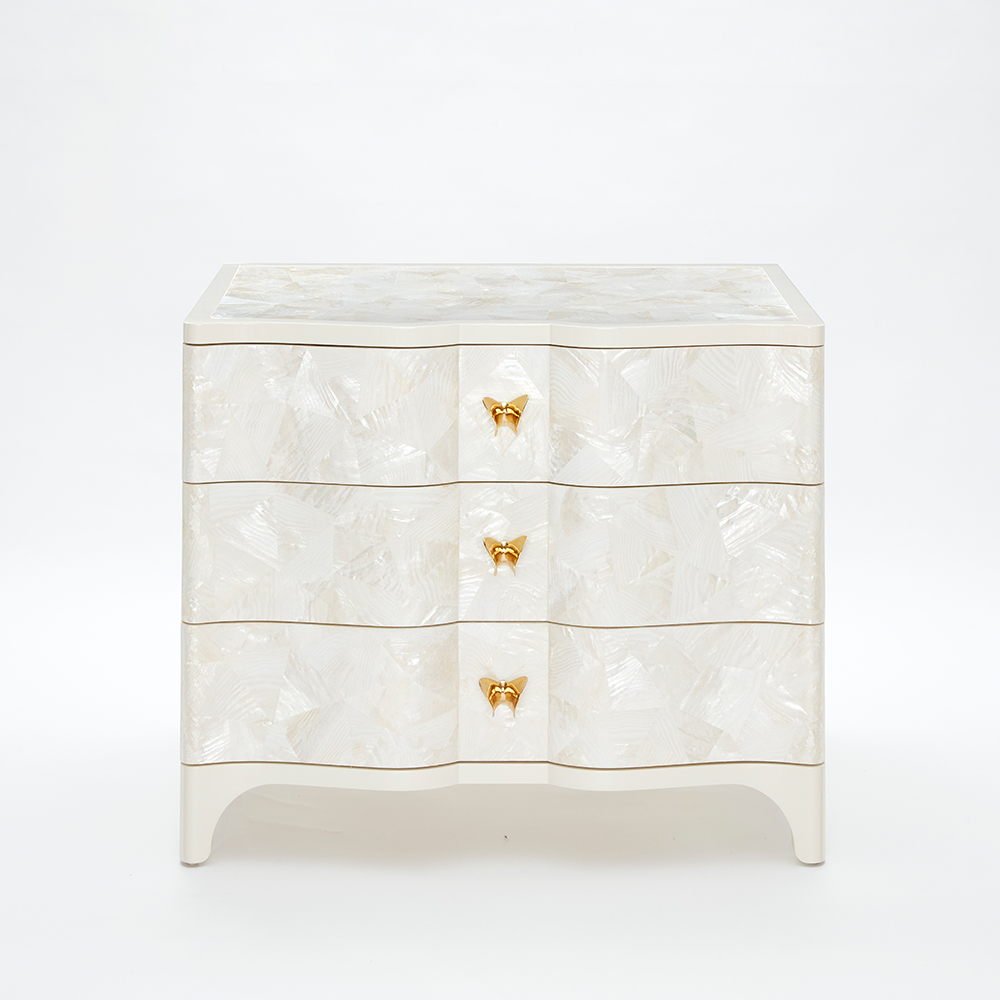 Serpentine Bedside Table,
White Kabebe Shell, Brass Butterfly Handles