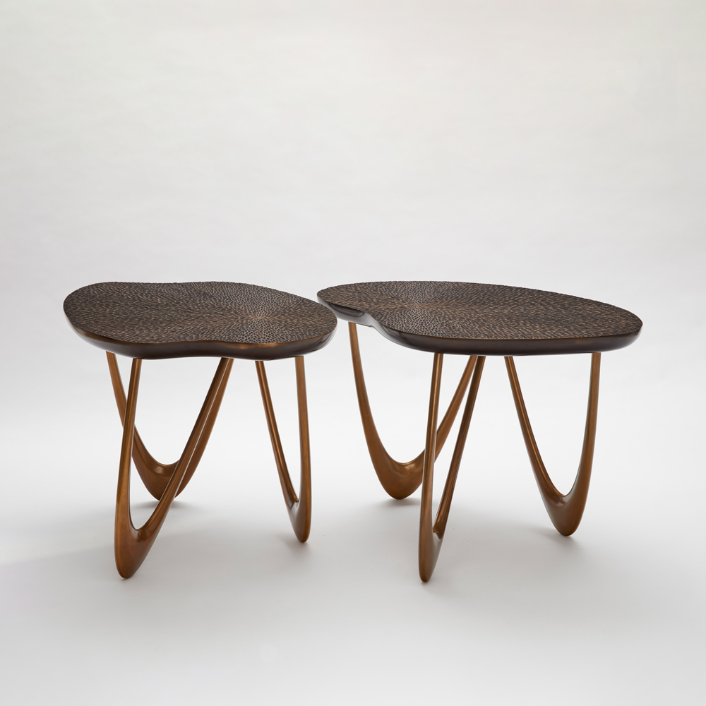 Organic Side Tables, Carved Oak & Bronze